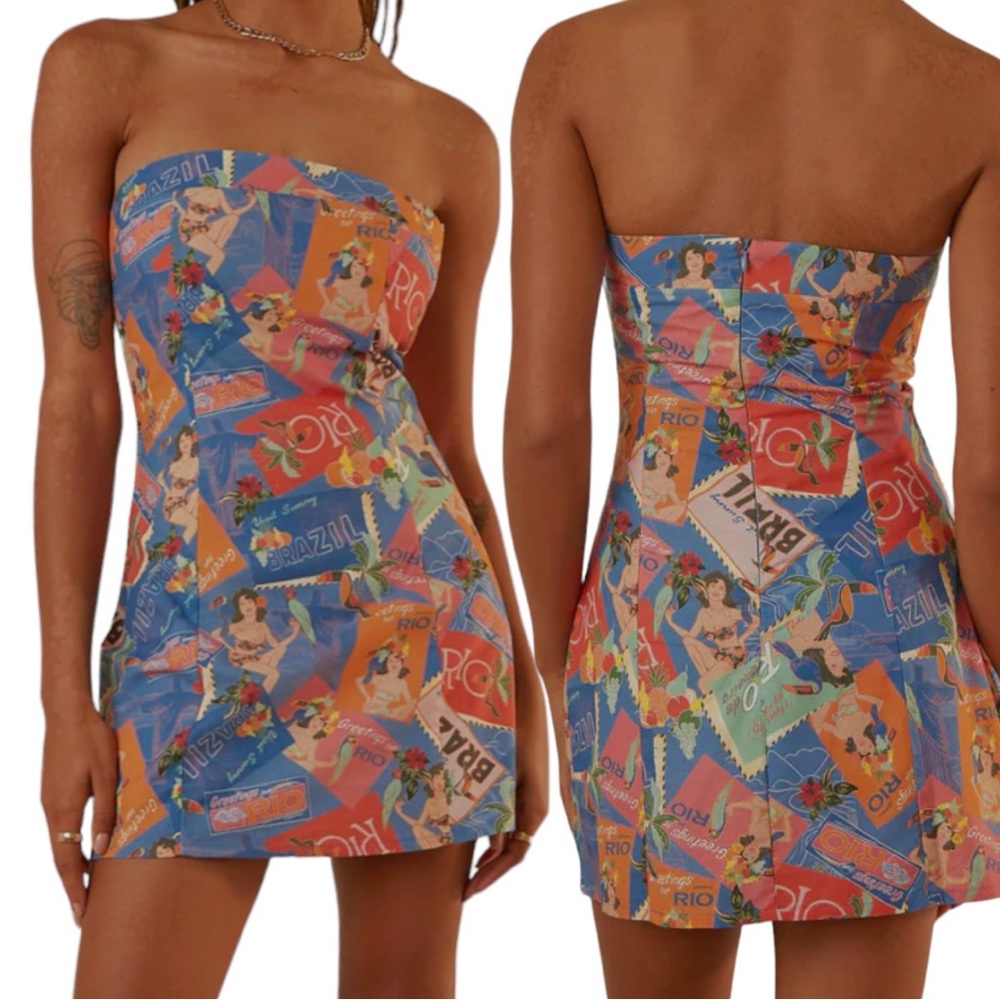 NWT PEPPERMAYO Catching Flights Bustier Dress Sz 14 Rio Brazil Print Linen Blend